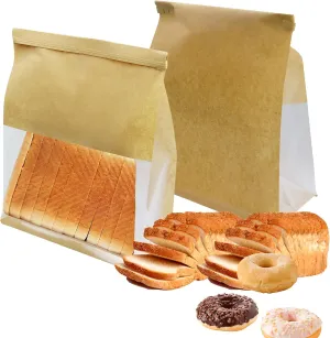 120 PCS Bread Bags for Homemade Bread 11.2 x 8.6 x 4.5 Inch Large Kraft Bread Bag with Clear Window & Tin Tie Tab Lock Bakery Packaging Bags for Bakery Loaf Cookie Candies