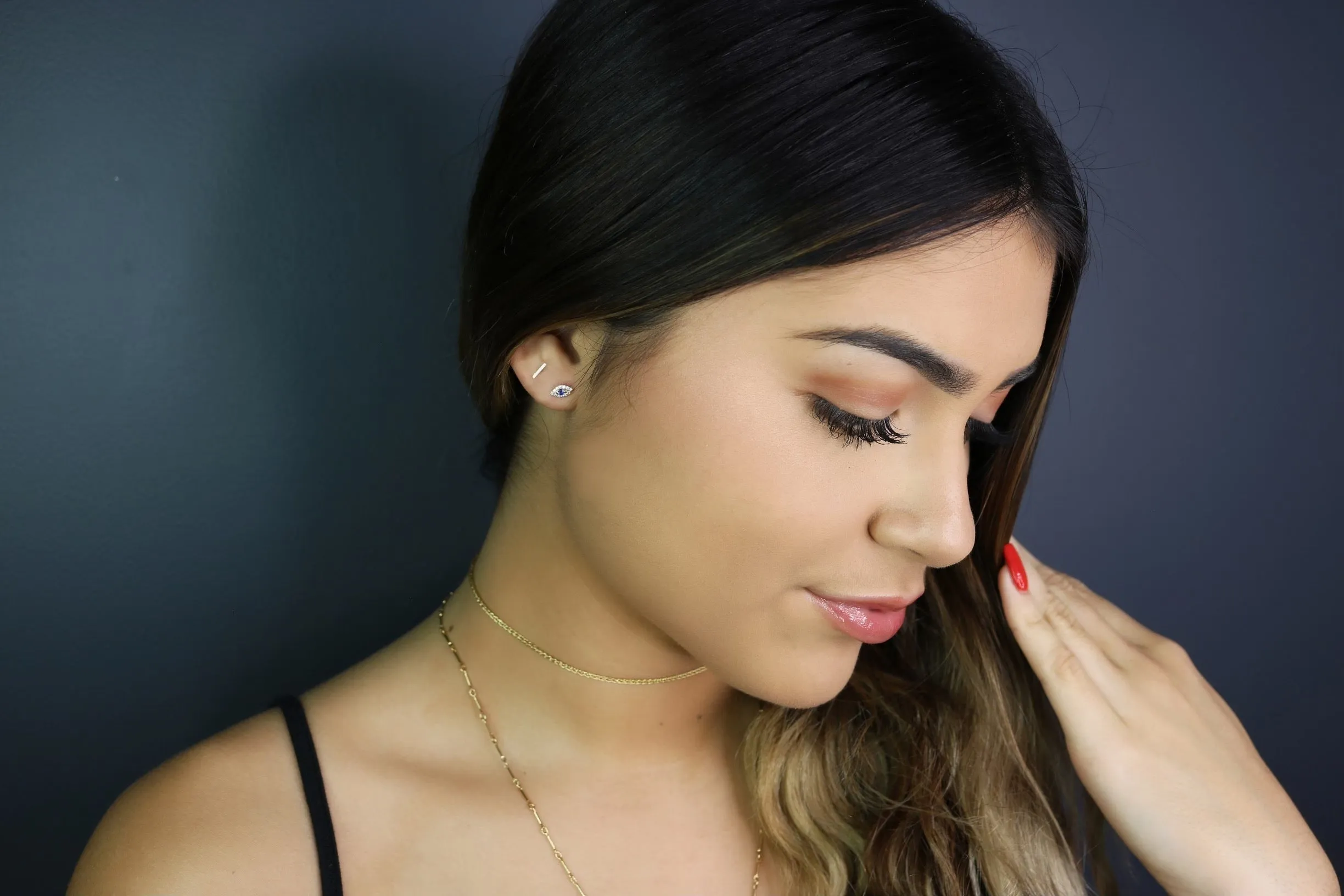 14K Tiny Beaded Bar Stud Earrings