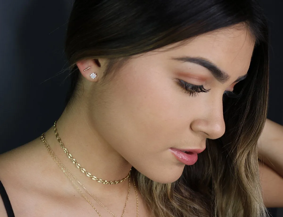 14K Tiny Beaded Bar Stud Earrings