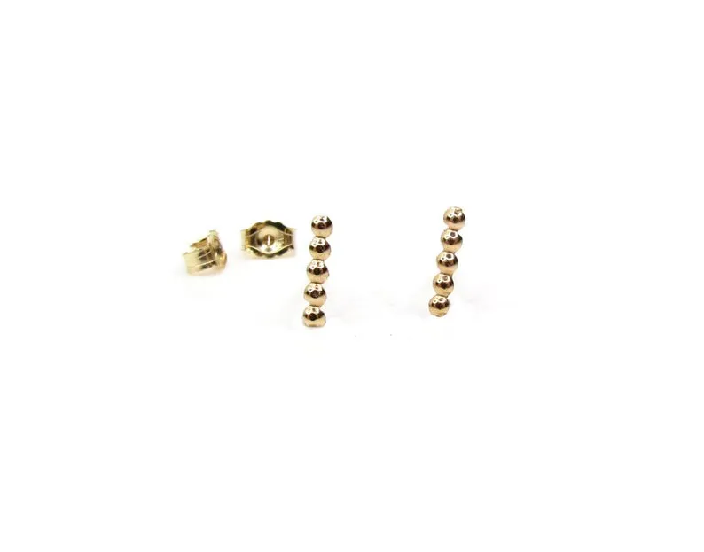 14K Tiny Beaded Bar Stud Earrings