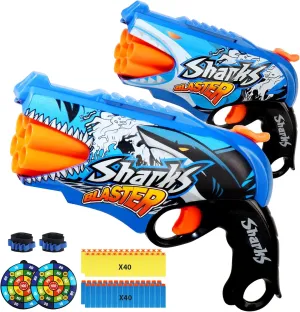 2 Pack Shark Graffiti Toys Foam Blaster with 80 Soft Bullets, Boys Toy Blaster, 6-Dart Rotating Drum Pistol Toy, Foam Dart Blaster Shooting Game, Kids Activity Dart Toys, Birthday