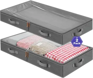 2-Pack Under Bed Storage Containers,4.7 Inches Tall Low Profile Underbed Closet Organizers and Storage Bins，Foldable with Sturdy Sidewalls/Bottom/Handles for Blankets,Comforter,Linen Sheets