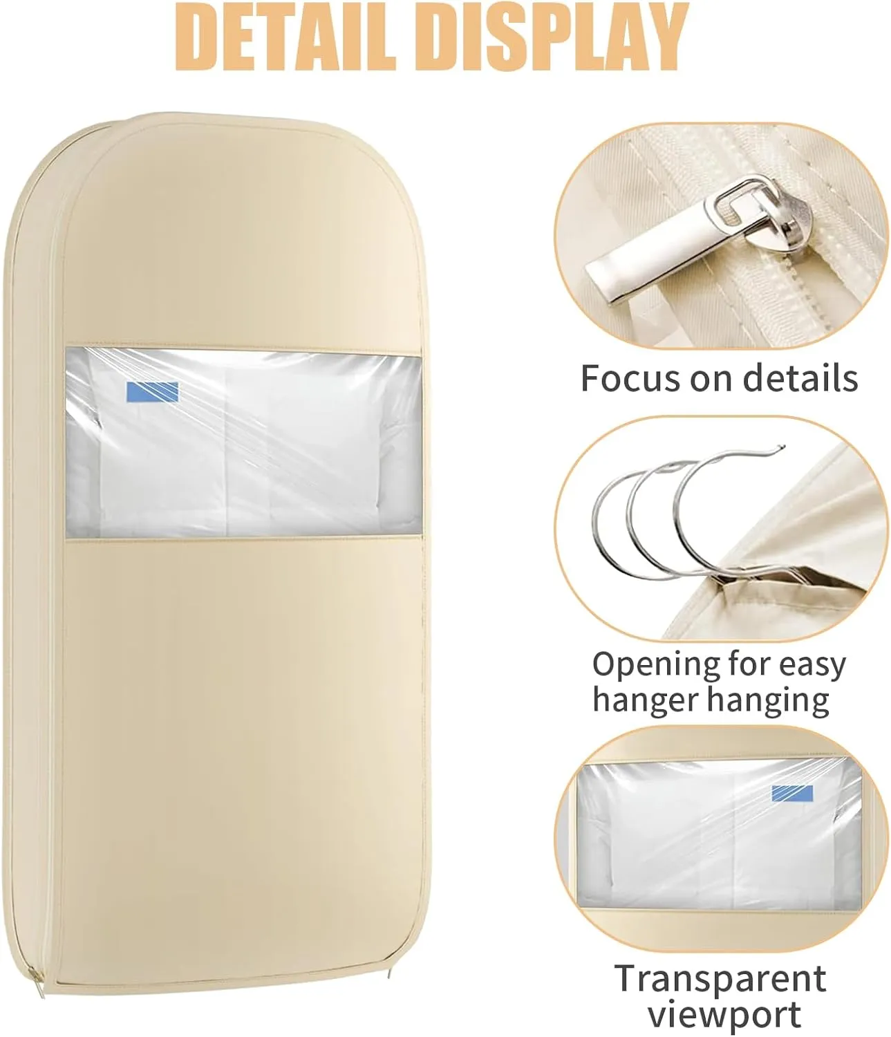 2Pcs Space Saving Hanging Garment Bag with Self Compression Zipper, Dustproof Clothes Storage Cover with Clear Window for Down Coats, Suits, Jackets, Closet Organizer (Beige, 52"x23"x6")