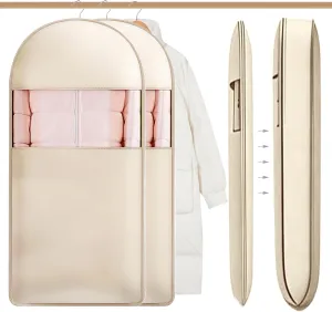 2Pcs Space Saving Hanging Garment Bag with Self Compression Zipper, Dustproof Clothes Storage Cover with Clear Window for Down Coats, Suits, Jackets, Closet Organizer (Beige, 52"x23"x6")