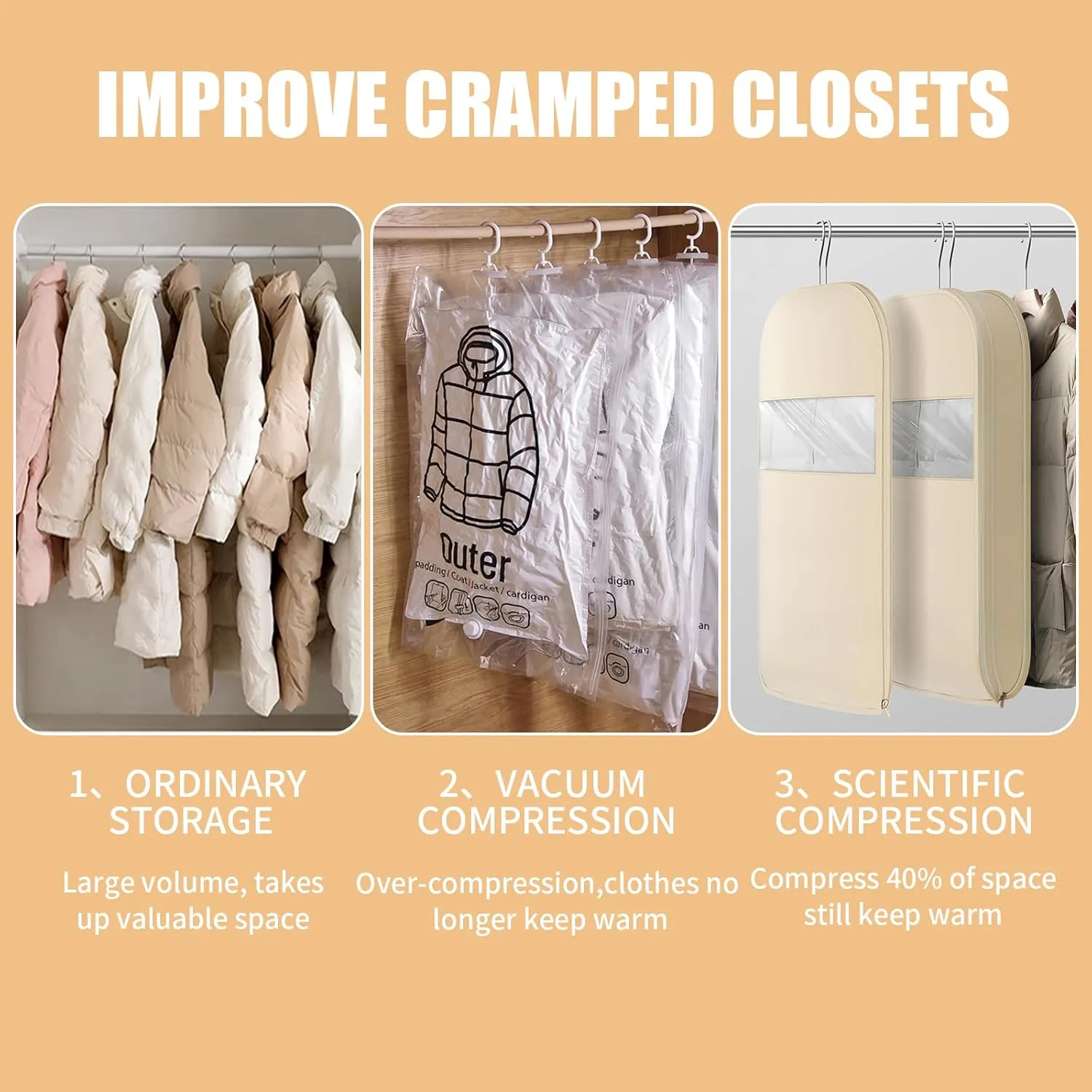 2Pcs Space Saving Hanging Garment Bag with Self Compression Zipper, Dustproof Clothes Storage Cover with Clear Window for Down Coats, Suits, Jackets, Closet Organizer (Beige, 52"x23"x6")