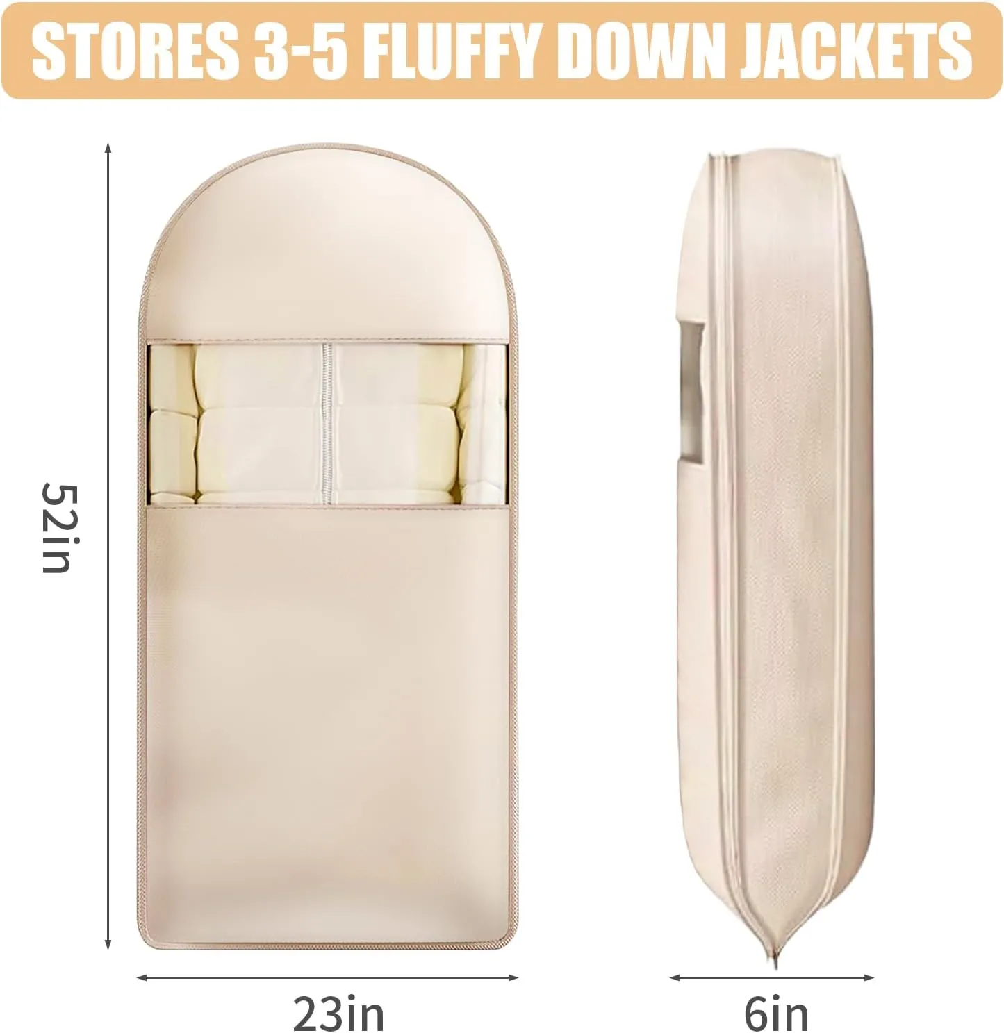 2Pcs Space Saving Hanging Garment Bag with Self Compression Zipper, Dustproof Clothes Storage Cover with Clear Window for Down Coats, Suits, Jackets, Closet Organizer (Beige, 52"x23"x6")