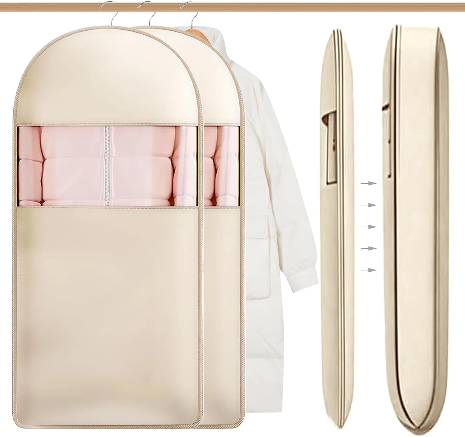 2Pcs Space Saving Hanging Garment Bag with Self Compression Zipper, Dustproof Clothes Storage Cover with Clear Window for Down Coats, Suits, Jackets, Closet Organizer (Beige, 52"x23"x6")