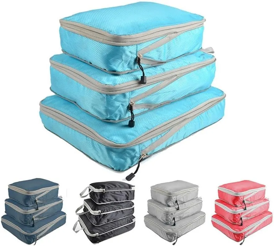 3PCS/Set Compressible Packing Travel Organiser Cube Waterproof Suitcase Nylon Luggage Storage Bag Large Capacity Handbag