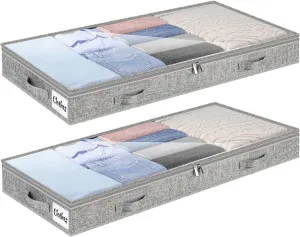 4 Inch Low Profile Under Bed Storage Drawer 2 Pack, Lightweight Underbed Clothes Storage Container Bins with NO STURCTURE, Shallow Storage Bag for Dorm & Home, With Clear Lids and Waterproof Fabric