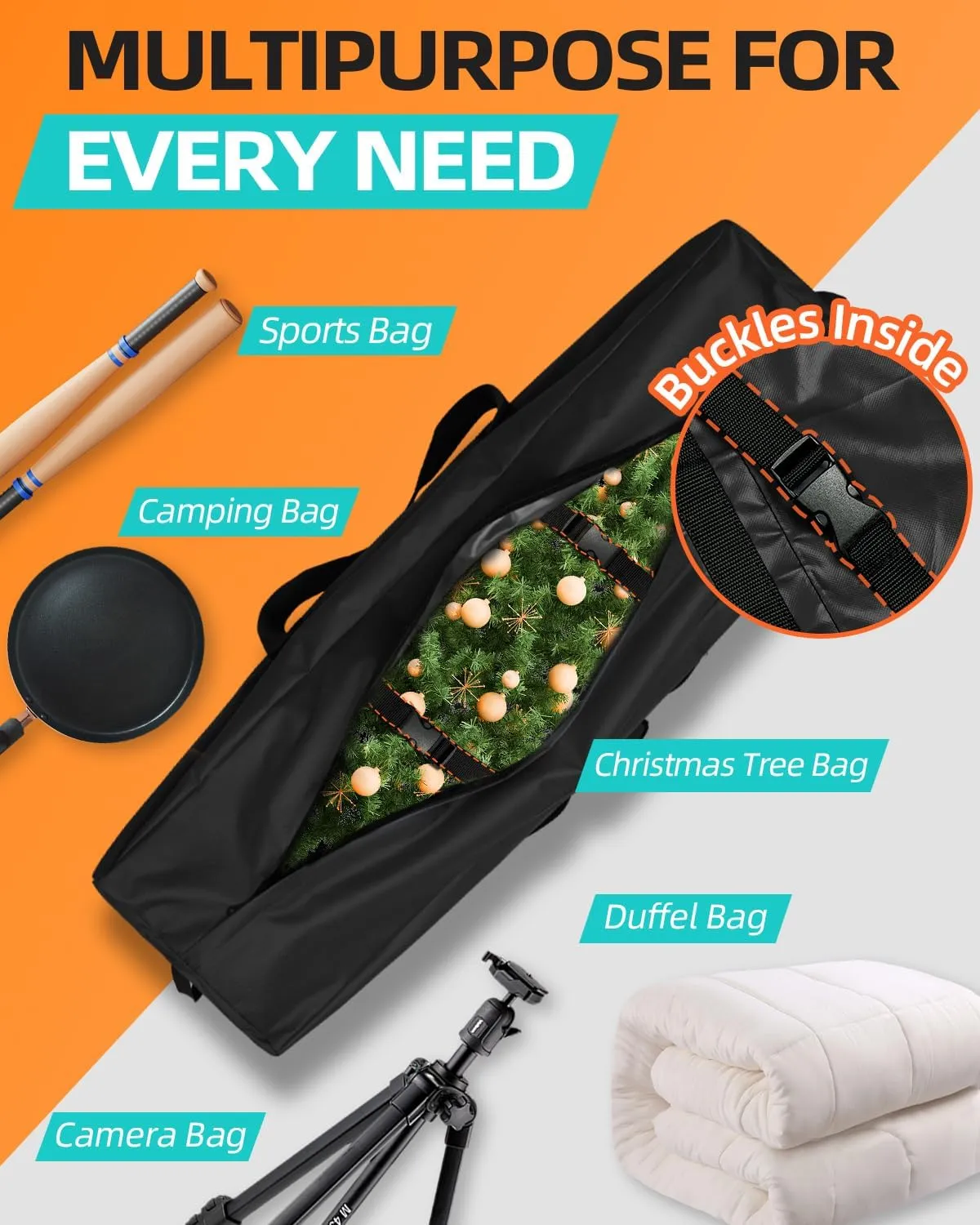 42'' Sports Duffle Bag - Extra Large Travel Duffel Tote Bag Gym Overnight Weekender Shopping Christmas Tree Bag with 2-Way Durable Zippers Water Resistant, Black, 1 Pack