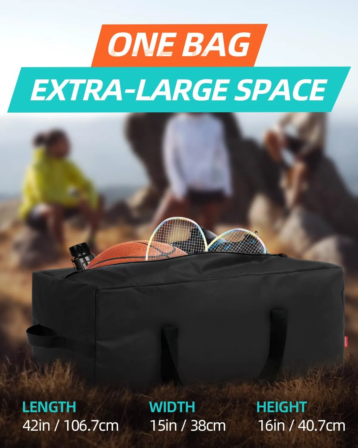 42'' Sports Duffle Bag - Extra Large Travel Duffel Tote Bag Gym Overnight Weekender Shopping Christmas Tree Bag with 2-Way Durable Zippers Water Resistant, Black, 1 Pack