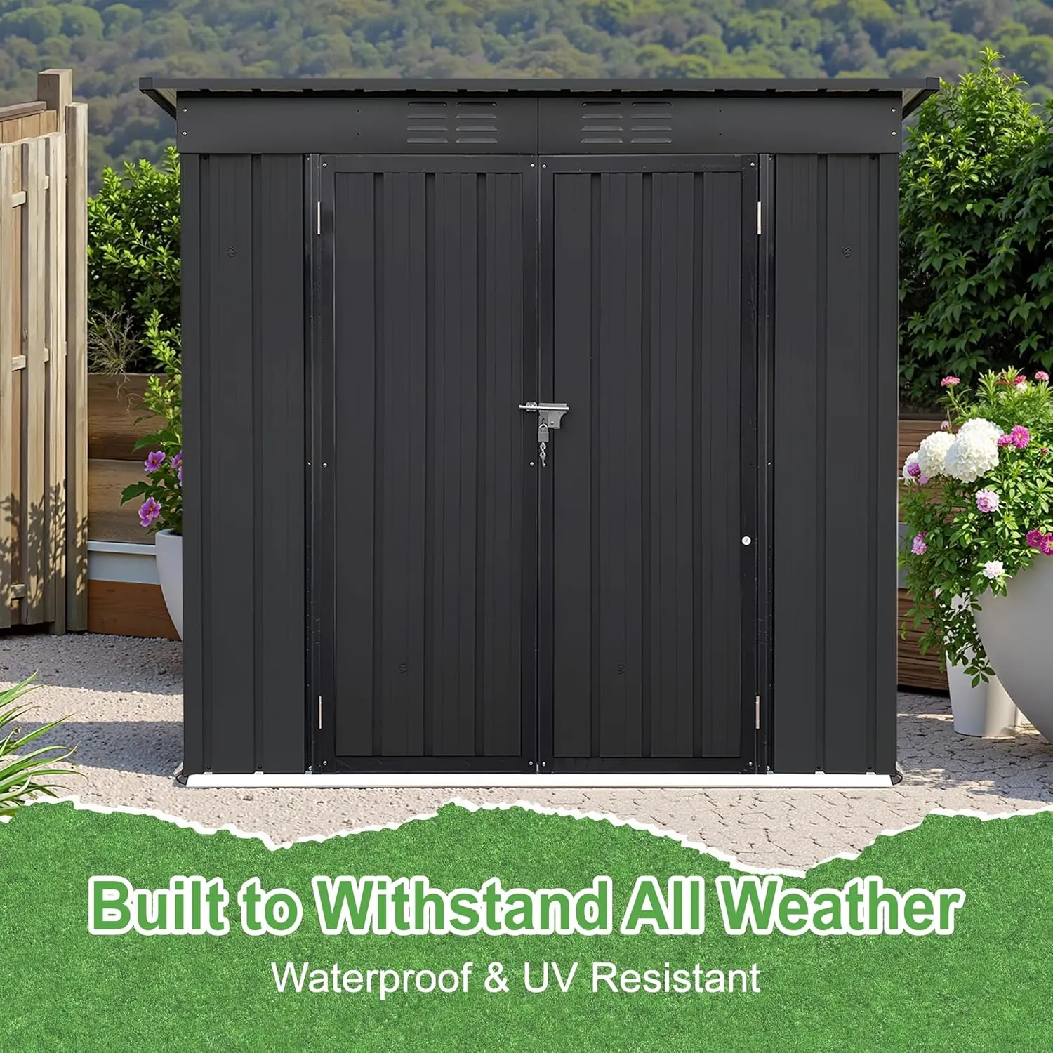 4×6Ft Outdoor Storage Shed Metal Storage Shed with Flat Roof, Weatherproof Heavy Duty Tool Shed for Backyard & Garden Equipment, Black