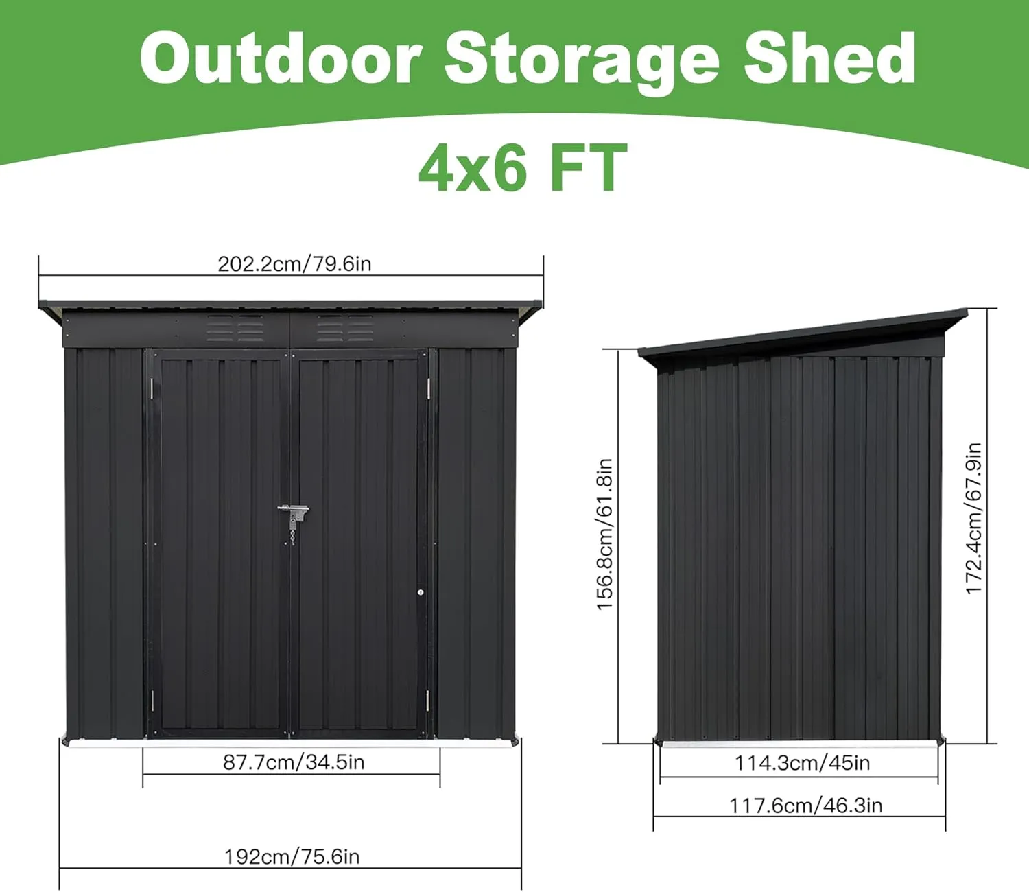 4×6Ft Outdoor Storage Shed Metal Storage Shed with Flat Roof, Weatherproof Heavy Duty Tool Shed for Backyard & Garden Equipment, Black