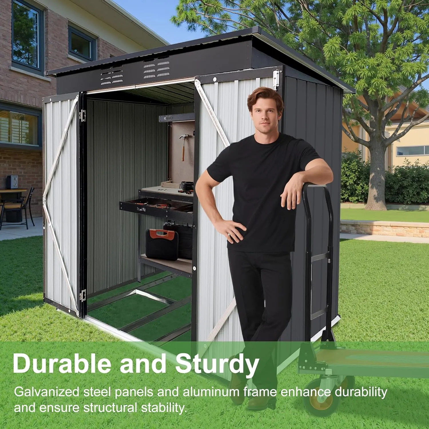 4×6Ft Outdoor Storage Shed Metal Storage Shed with Flat Roof, Weatherproof Heavy Duty Tool Shed for Backyard & Garden Equipment, Black