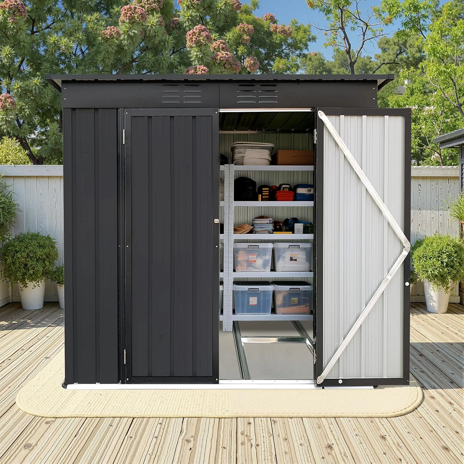 4×6Ft Outdoor Storage Shed Metal Storage Shed with Flat Roof, Weatherproof Heavy Duty Tool Shed for Backyard & Garden Equipment, Black