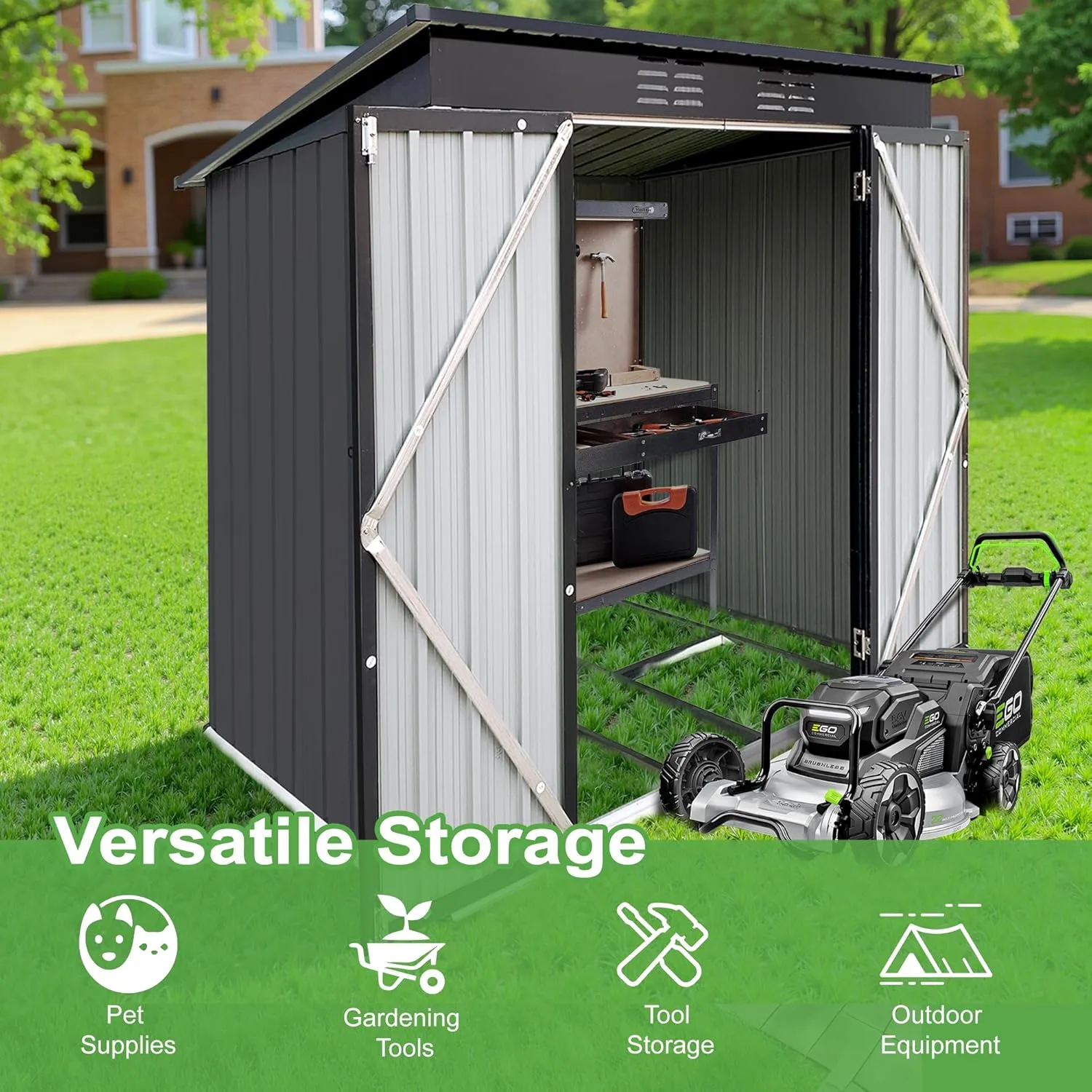 4×6Ft Outdoor Storage Shed Metal Storage Shed with Flat Roof, Weatherproof Heavy Duty Tool Shed for Backyard & Garden Equipment, Black