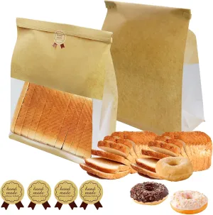 60 PCS Bread Bags for Homemade Bread 11.2 x 8.6 x 4.5 Inch Large Kraft Bread Bag with Clear Window & Tin Tie Tab Lock & Seal Stickers Bakery Packaging Bags for Bakery Loaf Cookie Candies