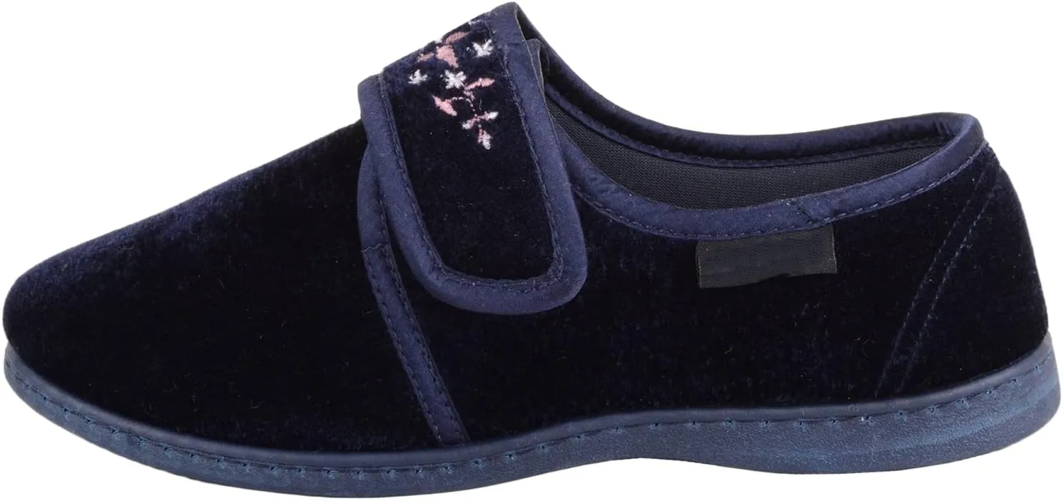 ABSOLUTE FOOTWEAR Ladies Womens Smooth Velour Slip On Touch and Close Embroidered Slippers