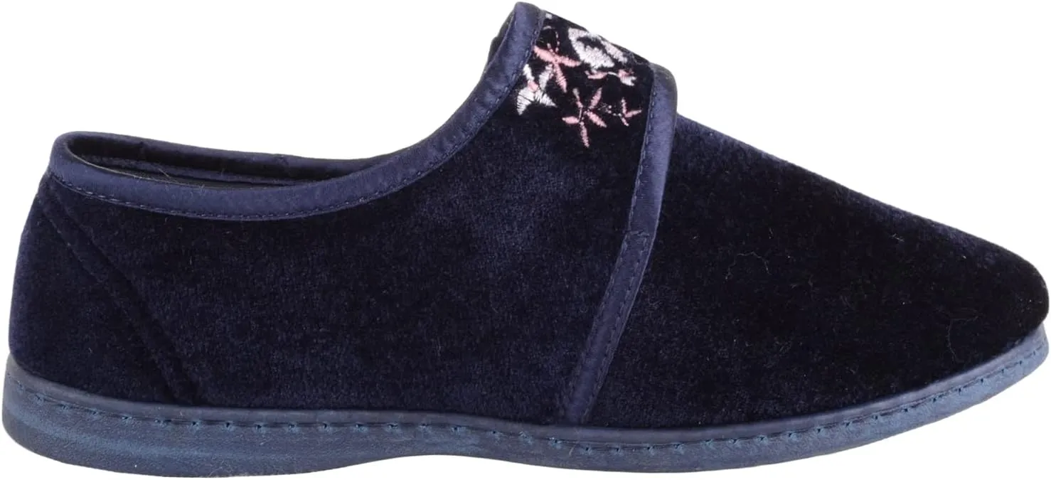 ABSOLUTE FOOTWEAR Ladies Womens Smooth Velour Slip On Touch and Close Embroidered Slippers