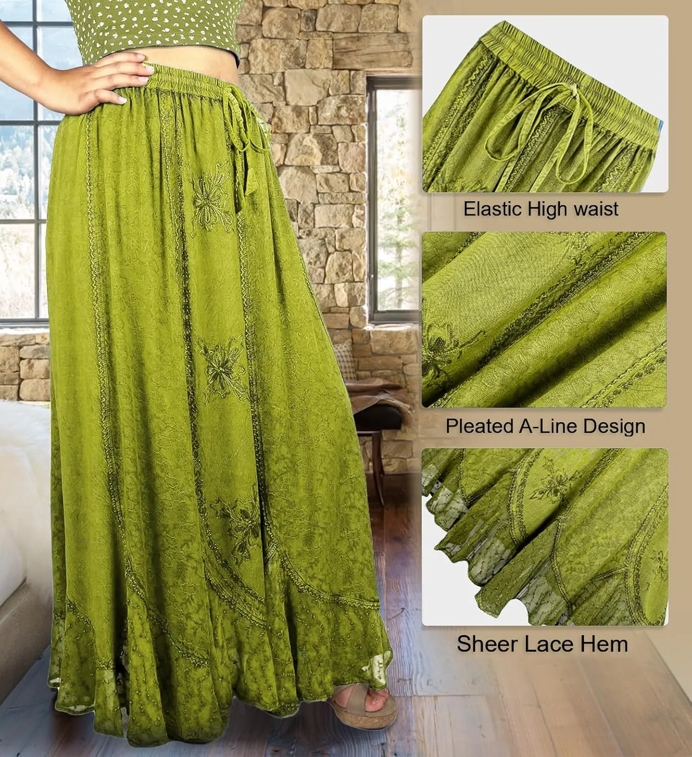 Agan Traders Women's 2025 Summer Medieval High Waisted Maxi Skirts for Women - A Line Drawstring Embroidered Long Maxi Skirt