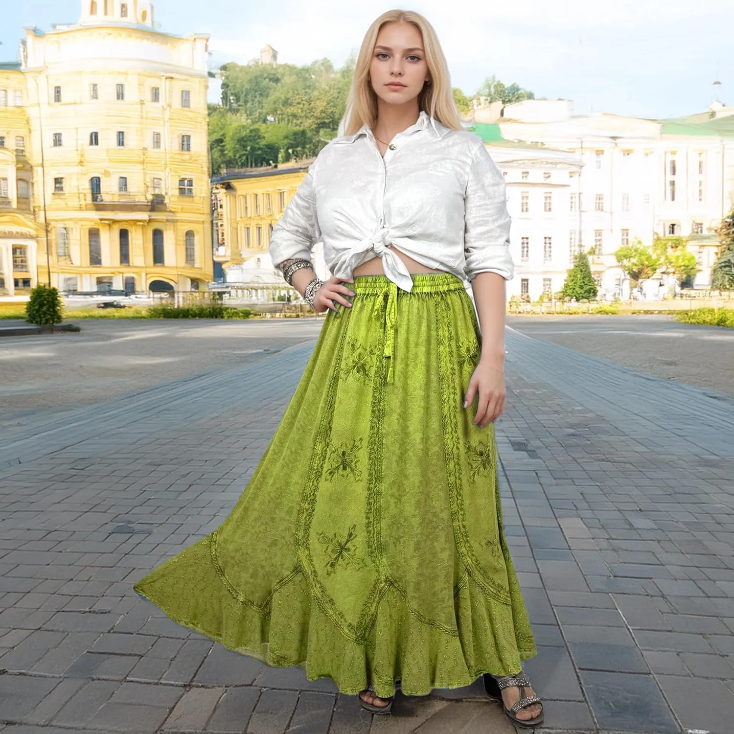 Agan Traders Women's 2025 Summer Medieval High Waisted Maxi Skirts for Women - A Line Drawstring Embroidered Long Maxi Skirt