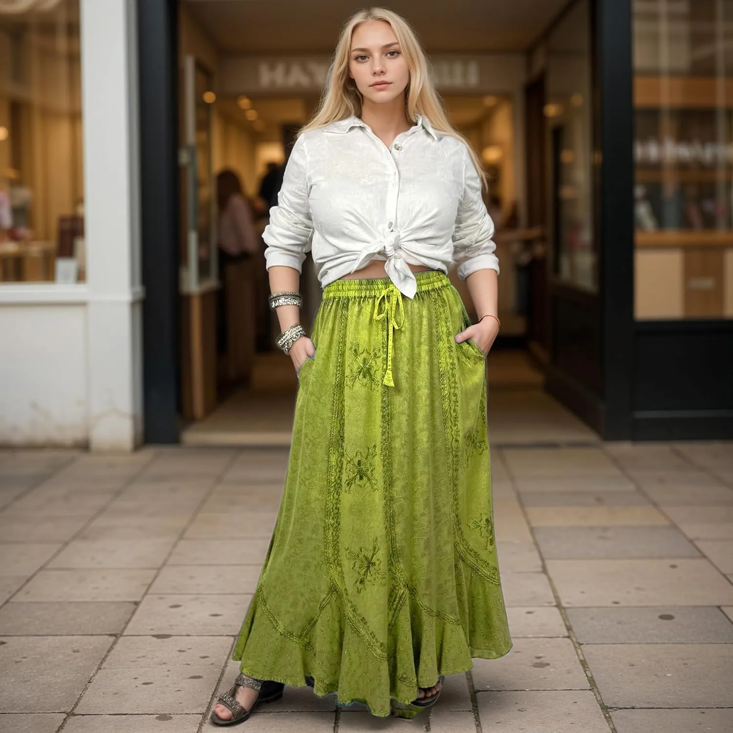 Agan Traders Women's 2025 Summer Medieval High Waisted Maxi Skirts for Women - A Line Drawstring Embroidered Long Maxi Skirt