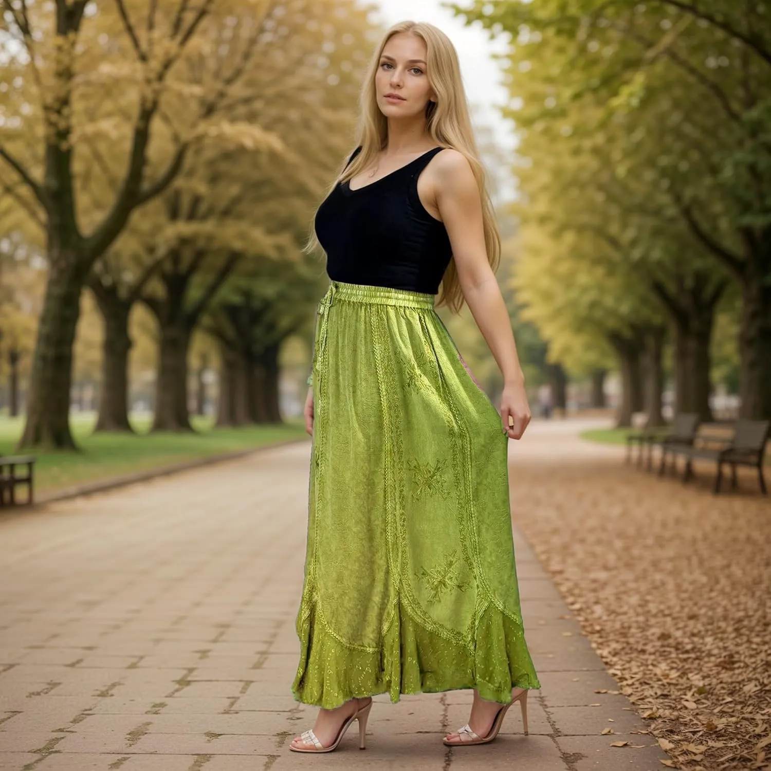 Agan Traders Women's 2025 Summer Medieval High Waisted Maxi Skirts for Women - A Line Drawstring Embroidered Long Maxi Skirt