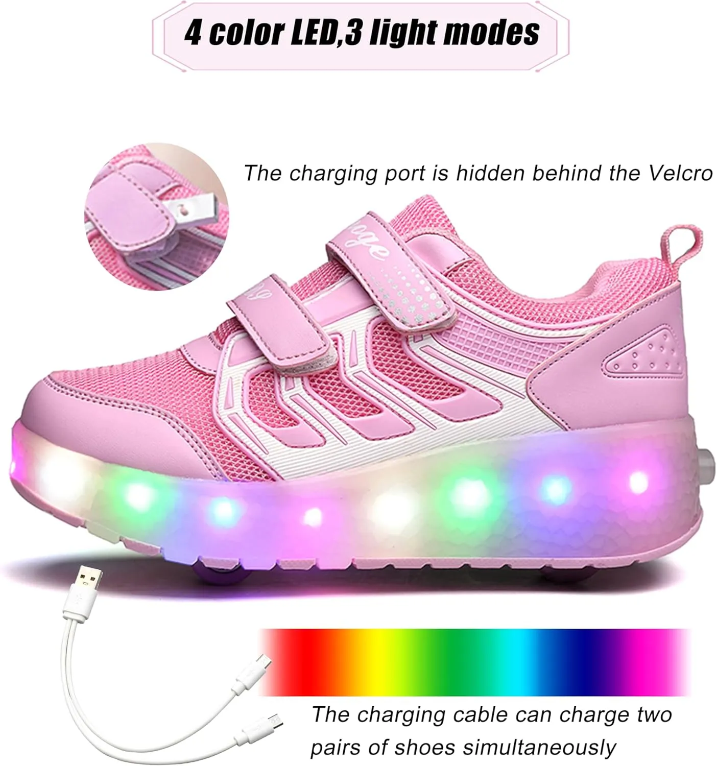Aikuass USB Chargable LED Light Up Roller Shoes Wheeled Skate Sneaker Shoes for Boys Girls Kids