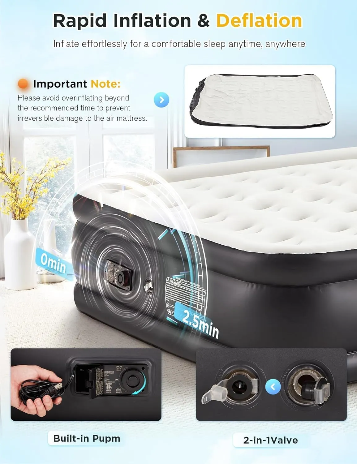 Air Mattress Queen Size with Built-in Electric Pump, Inflatable Air Bed Blow-up Airbed Durable for Camping, Home Guests & Portable Travel with Storage Bag, Easy to Inflate (Twin)