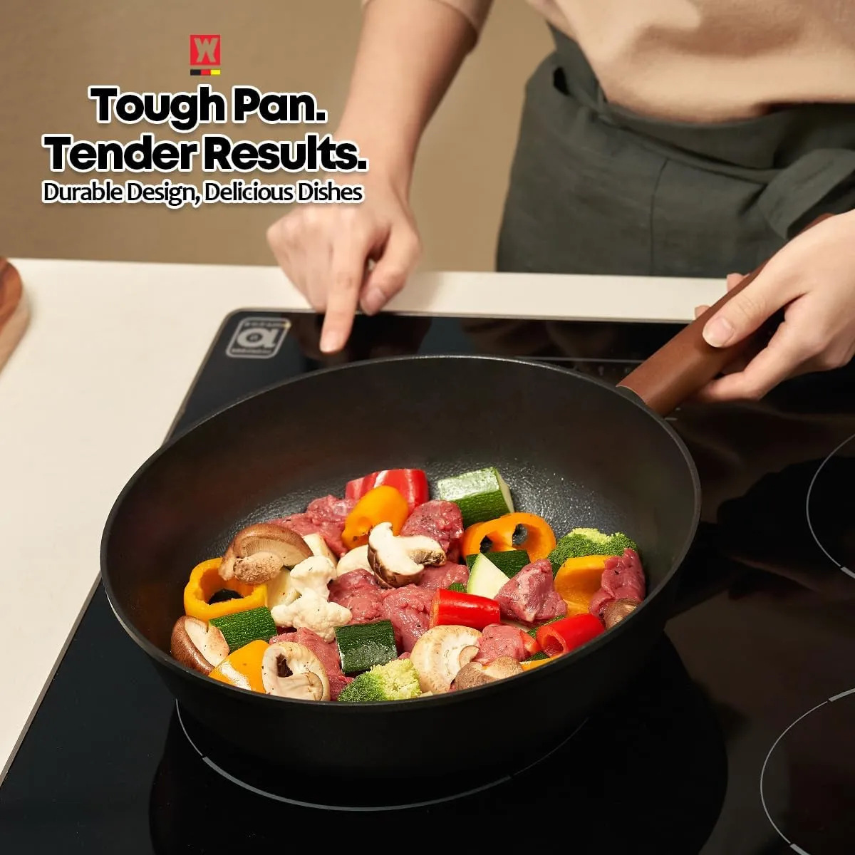Aluminum Body Flat Bottom Wok, Restaurant & Business Grade Fry Pan Titanium Coated Non-Stick Surface, Wooden Handle, Made in Korea, Deep Large Skillet, Black(17.91"L x 11.22"W x 3.15"H)