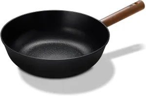Aluminum Body Flat Bottom Wok, Restaurant & Business Grade Fry Pan Titanium Coated Non-Stick Surface, Wooden Handle, Made in Korea, Deep Large Skillet, Black(17.91"L x 11.22"W x 3.15"H)