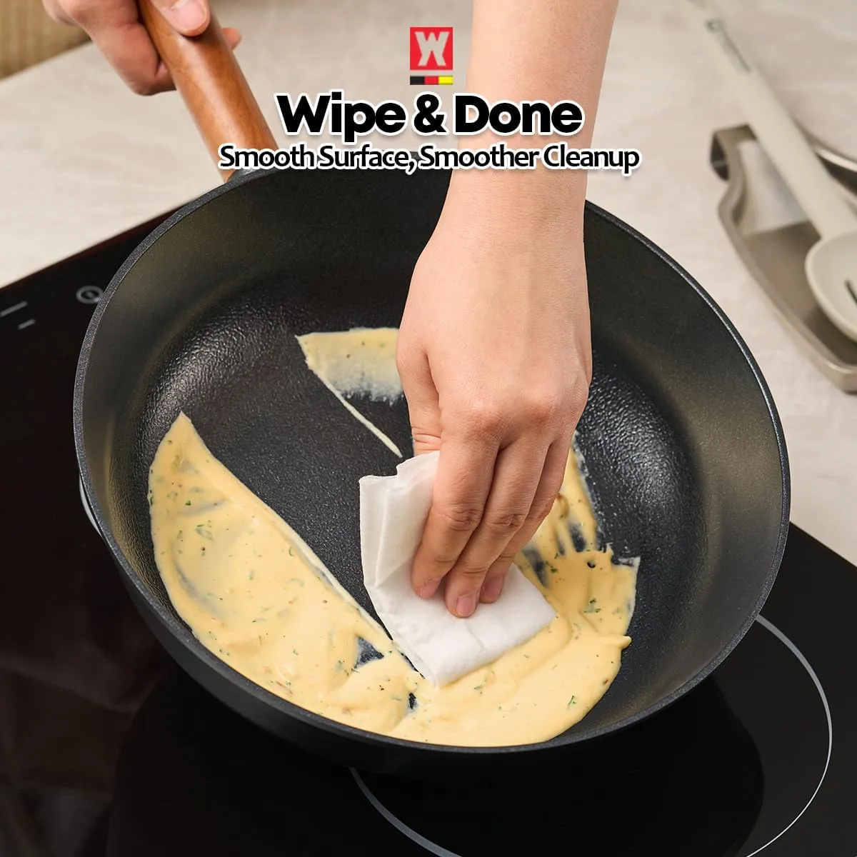 Aluminum Body Flat Bottom Wok, Restaurant & Business Grade Fry Pan Titanium Coated Non-Stick Surface, Wooden Handle, Made in Korea, Deep Large Skillet, Black(17.91"L x 11.22"W x 3.15"H)