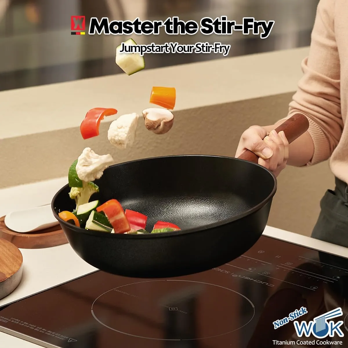 Aluminum Body Flat Bottom Wok, Restaurant & Business Grade Fry Pan Titanium Coated Non-Stick Surface, Wooden Handle, Made in Korea, Deep Large Skillet, Black(17.91"L x 11.22"W x 3.15"H)