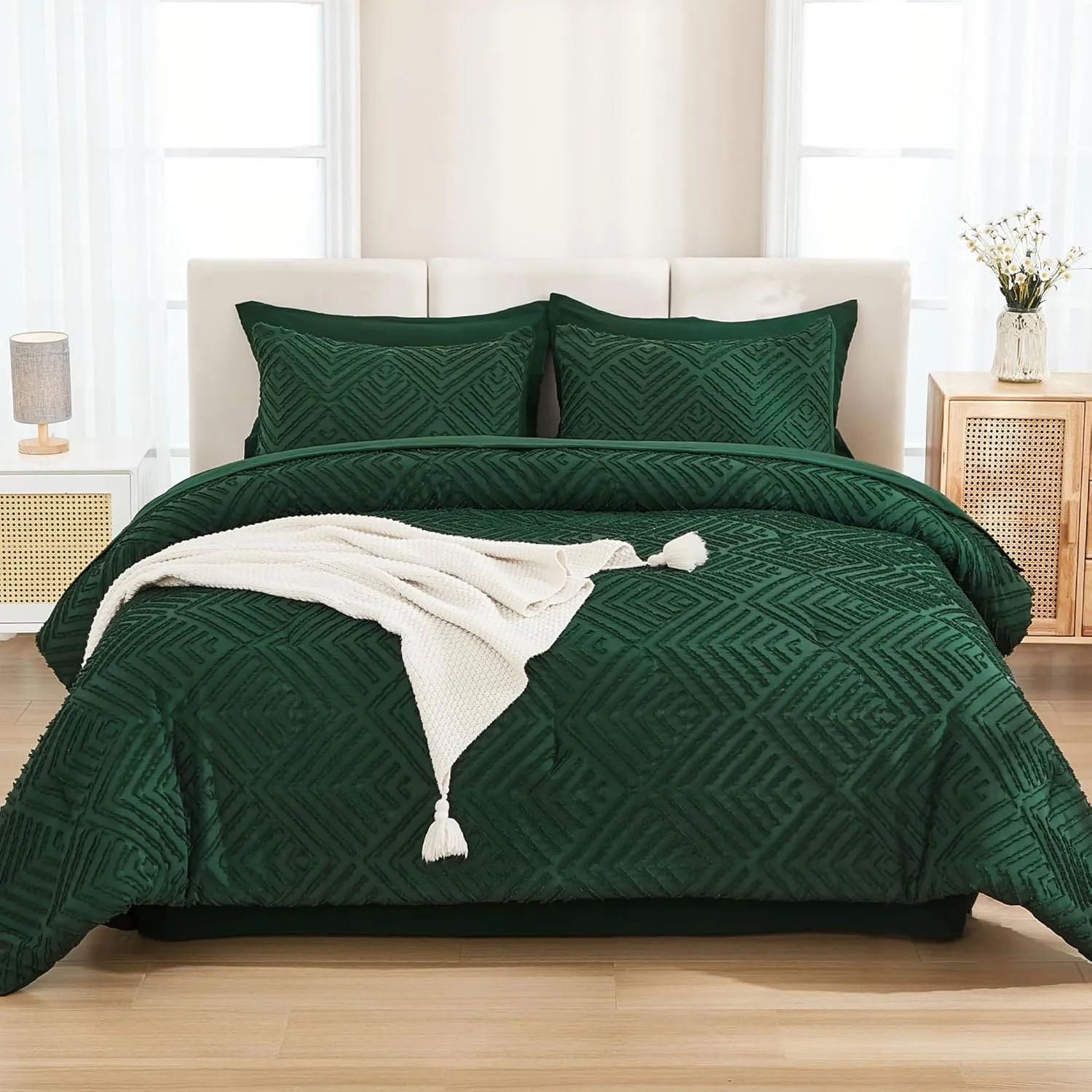 Andency King Size Comforter Set 7 Pieces Dark Emerald Green - Bed in a Bag King Boho Lightweight Fluffy Tufted Bedding Sets with Comforter, Sheets, Pillowcases & Shams