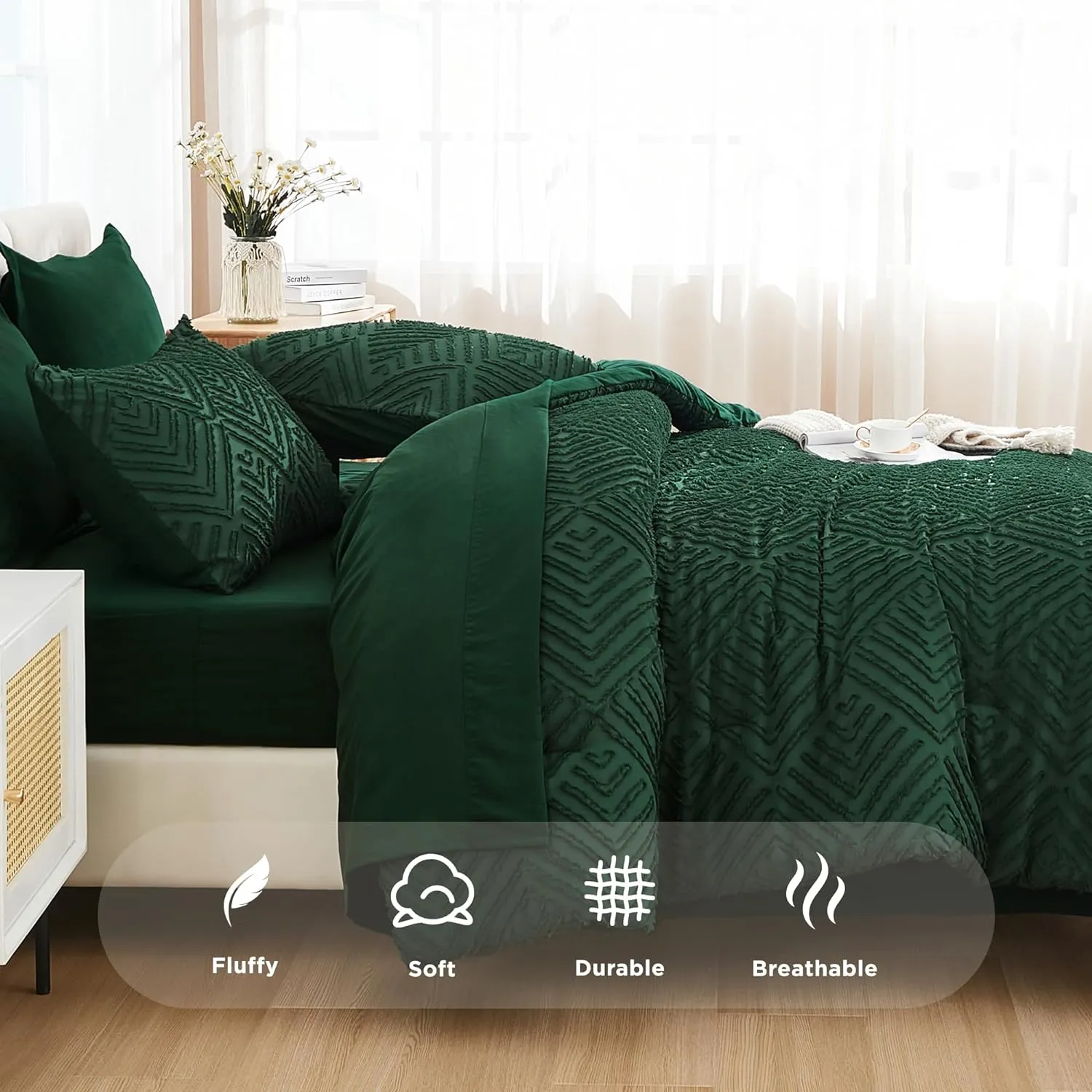 Andency King Size Comforter Set 7 Pieces Dark Emerald Green - Bed in a Bag King Boho Lightweight Fluffy Tufted Bedding Sets with Comforter, Sheets, Pillowcases & Shams