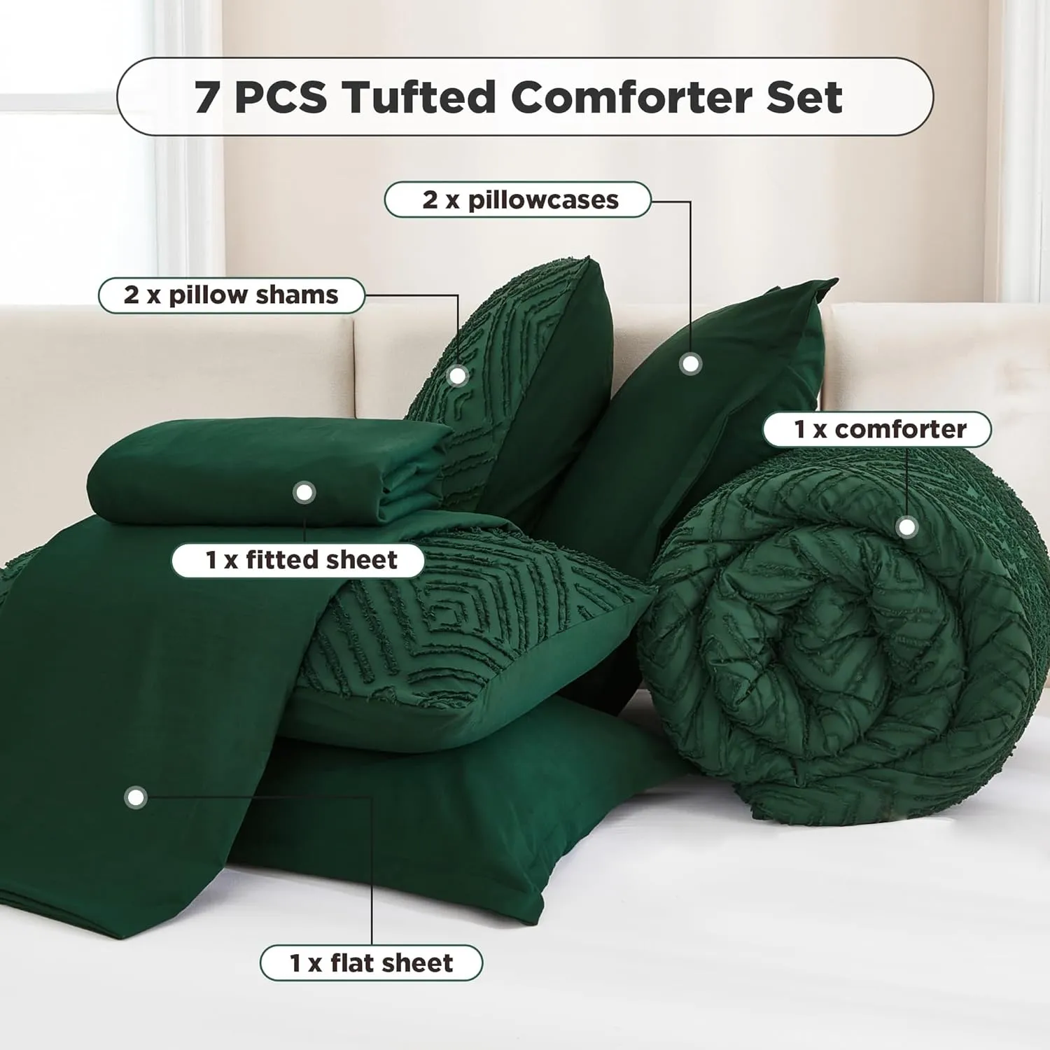 Andency King Size Comforter Set 7 Pieces Dark Emerald Green - Bed in a Bag King Boho Lightweight Fluffy Tufted Bedding Sets with Comforter, Sheets, Pillowcases & Shams