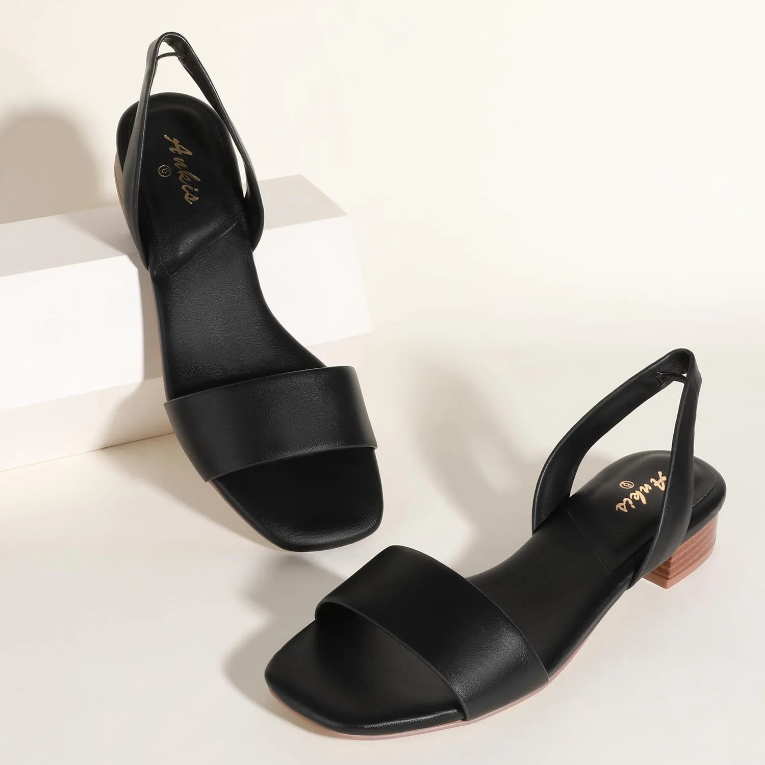 Ankis Low Heel Women Sandal Square Open Toe Brown Black White Leather Flat Sandal Comfortable Summer Slip on Slide Shoe Casual Beach Party Wedding 2025