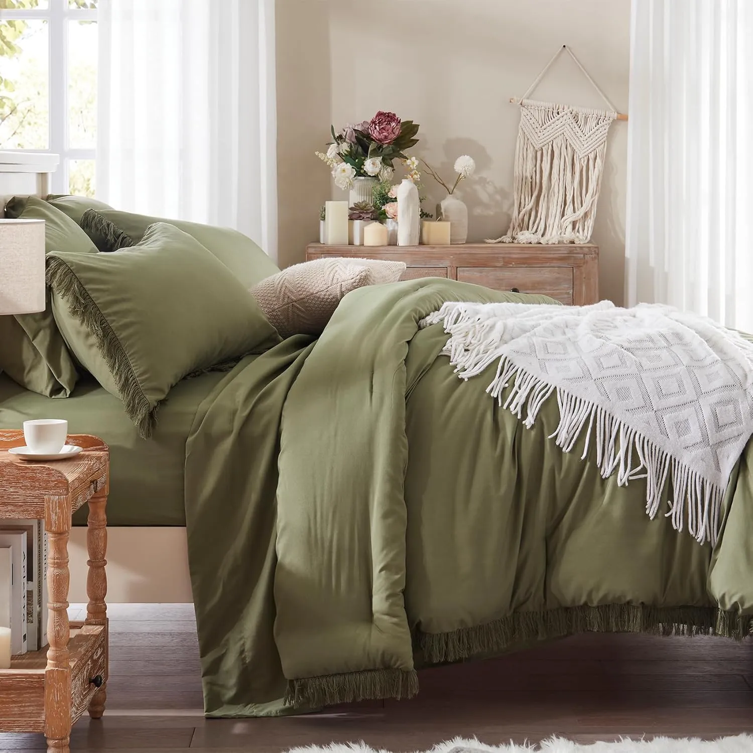 Anluoer Queen Comforter Set - Olive Green Tassel Boho Bed in a Bag 7 Piece with Lightweight Soft Fringe Bedding Sets with 1 Comforter, 2 PillowShams, 2 Pillowcases, 1 Flat Sheet, 1 Fitted Sheet