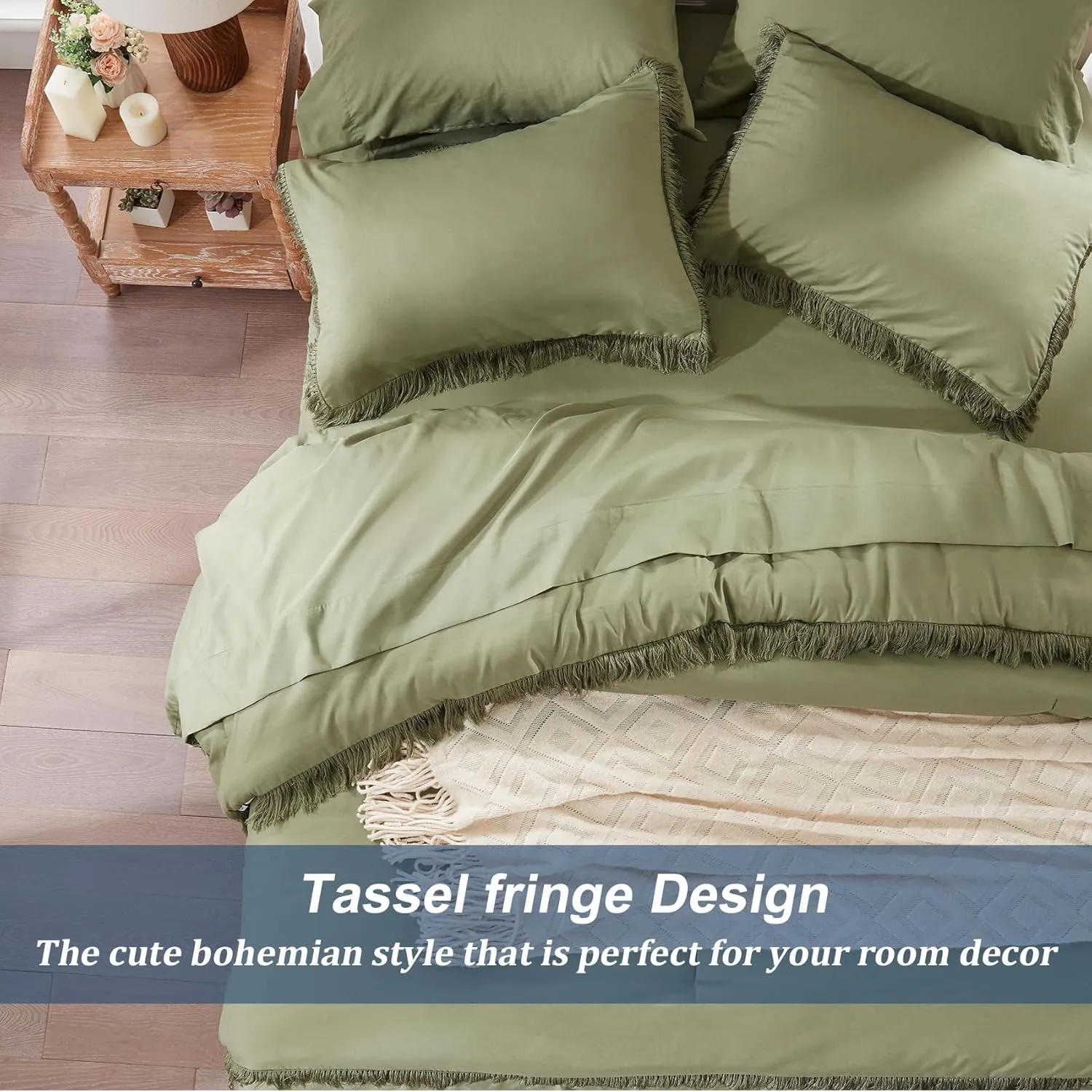 Anluoer Queen Comforter Set - Olive Green Tassel Boho Bed in a Bag 7 Piece with Lightweight Soft Fringe Bedding Sets with 1 Comforter, 2 PillowShams, 2 Pillowcases, 1 Flat Sheet, 1 Fitted Sheet