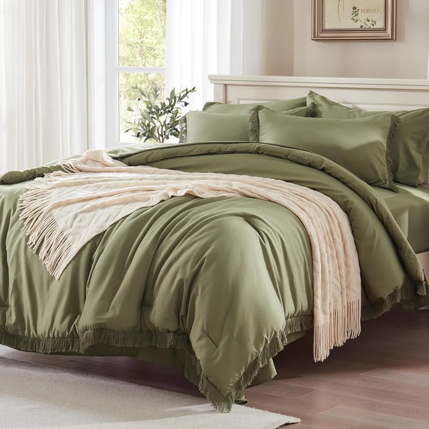 Anluoer Queen Comforter Set - Olive Green Tassel Boho Bed in a Bag 7 Piece with Lightweight Soft Fringe Bedding Sets with 1 Comforter, 2 PillowShams, 2 Pillowcases, 1 Flat Sheet, 1 Fitted Sheet