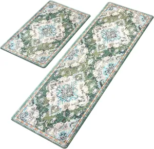 Anti Fatigue Kitchen Mats for Floor 2 Piece Set Green Cushioned Kitchen Rugs Non-Skid Waterproof Boho Comfort Floor Mat Runner for Standing Office Laundry(17x29 17x59Inch)