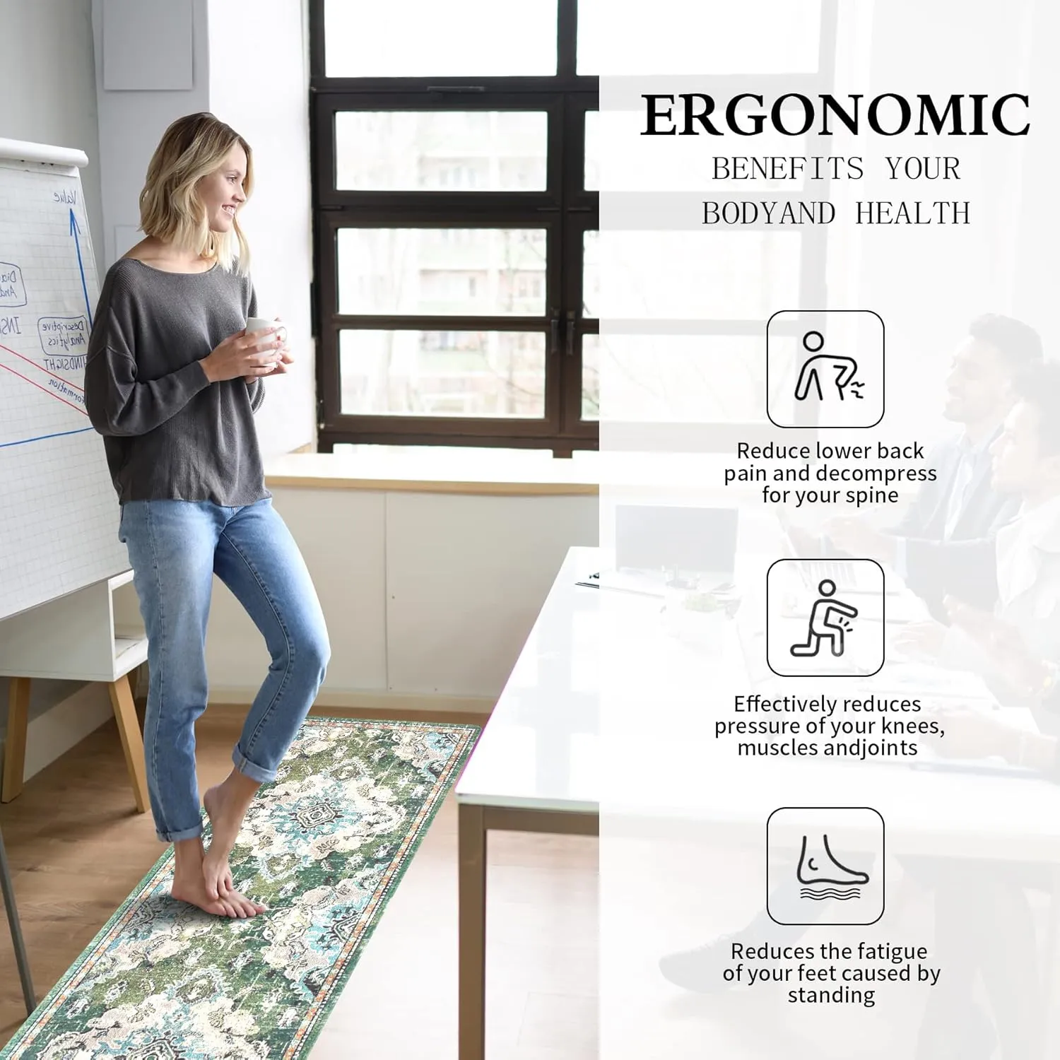 Anti Fatigue Kitchen Mats for Floor 2 Piece Set Green Cushioned Kitchen Rugs Non-Skid Waterproof Boho Comfort Floor Mat Runner for Standing Office Laundry(17x29 17x59Inch)