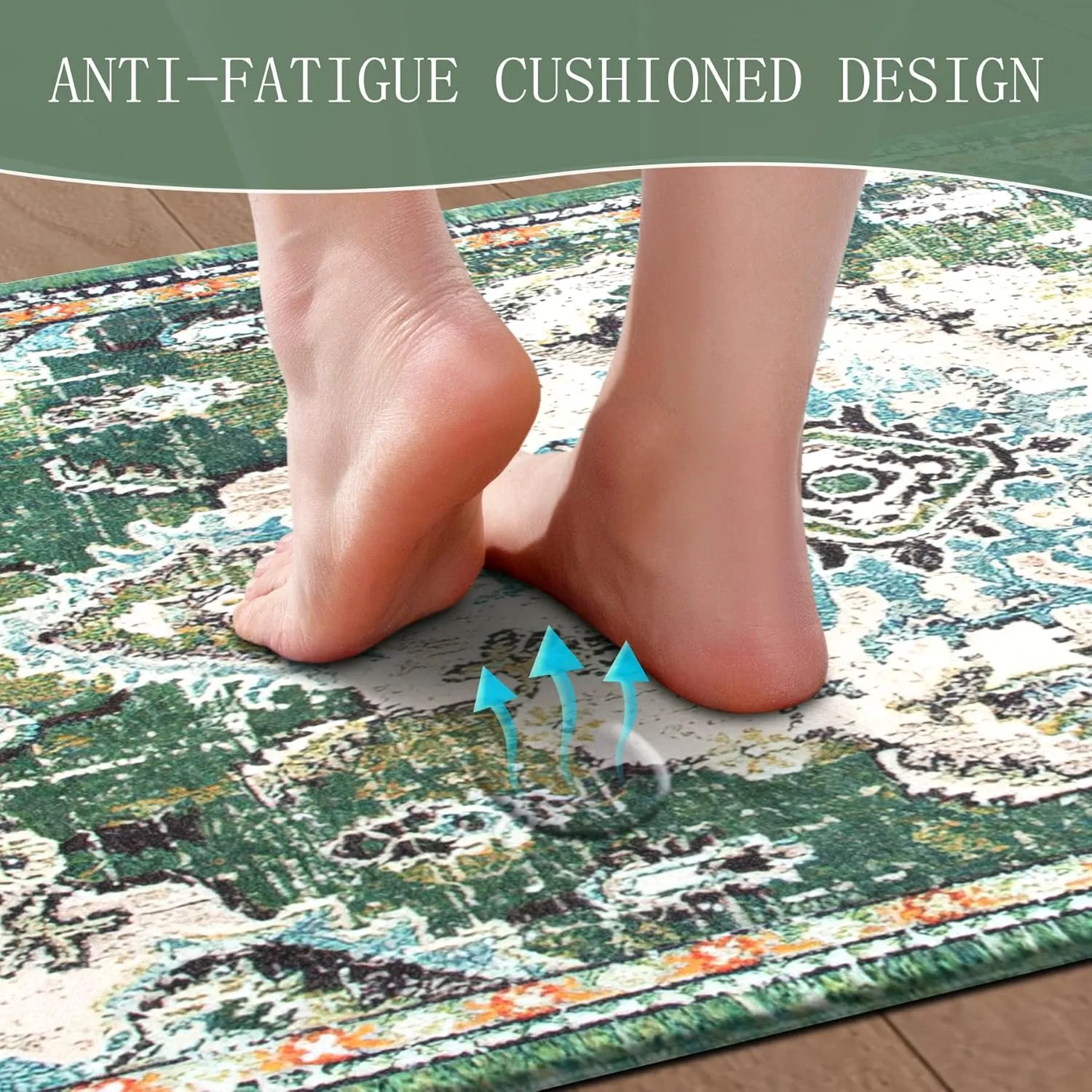 Anti Fatigue Kitchen Mats for Floor 2 Piece Set Green Cushioned Kitchen Rugs Non-Skid Waterproof Boho Comfort Floor Mat Runner for Standing Office Laundry(17x29 17x59Inch)