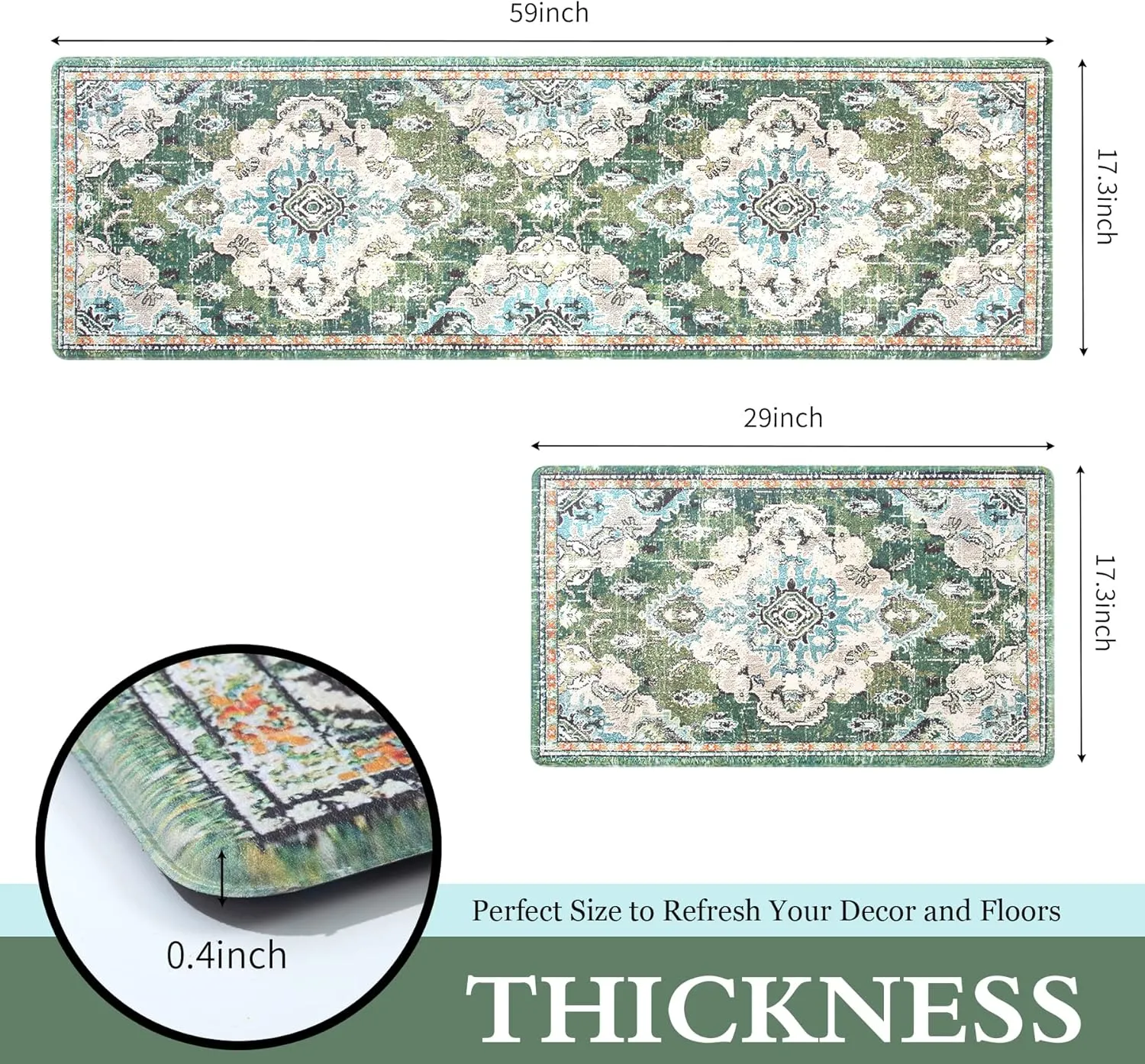 Anti Fatigue Kitchen Mats for Floor 2 Piece Set Green Cushioned Kitchen Rugs Non-Skid Waterproof Boho Comfort Floor Mat Runner for Standing Office Laundry(17x29 17x59Inch)