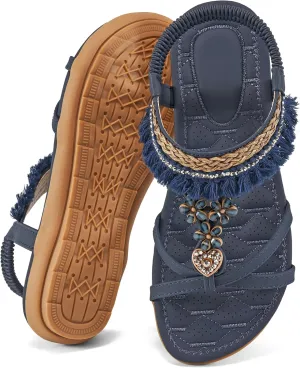 Aomigoct Womens Sandals Flats Shoes: Dressy Summer Flat Sandals for Women Open Toe - Bohemian Casual Beach Shoes Elastic Ankle Strap