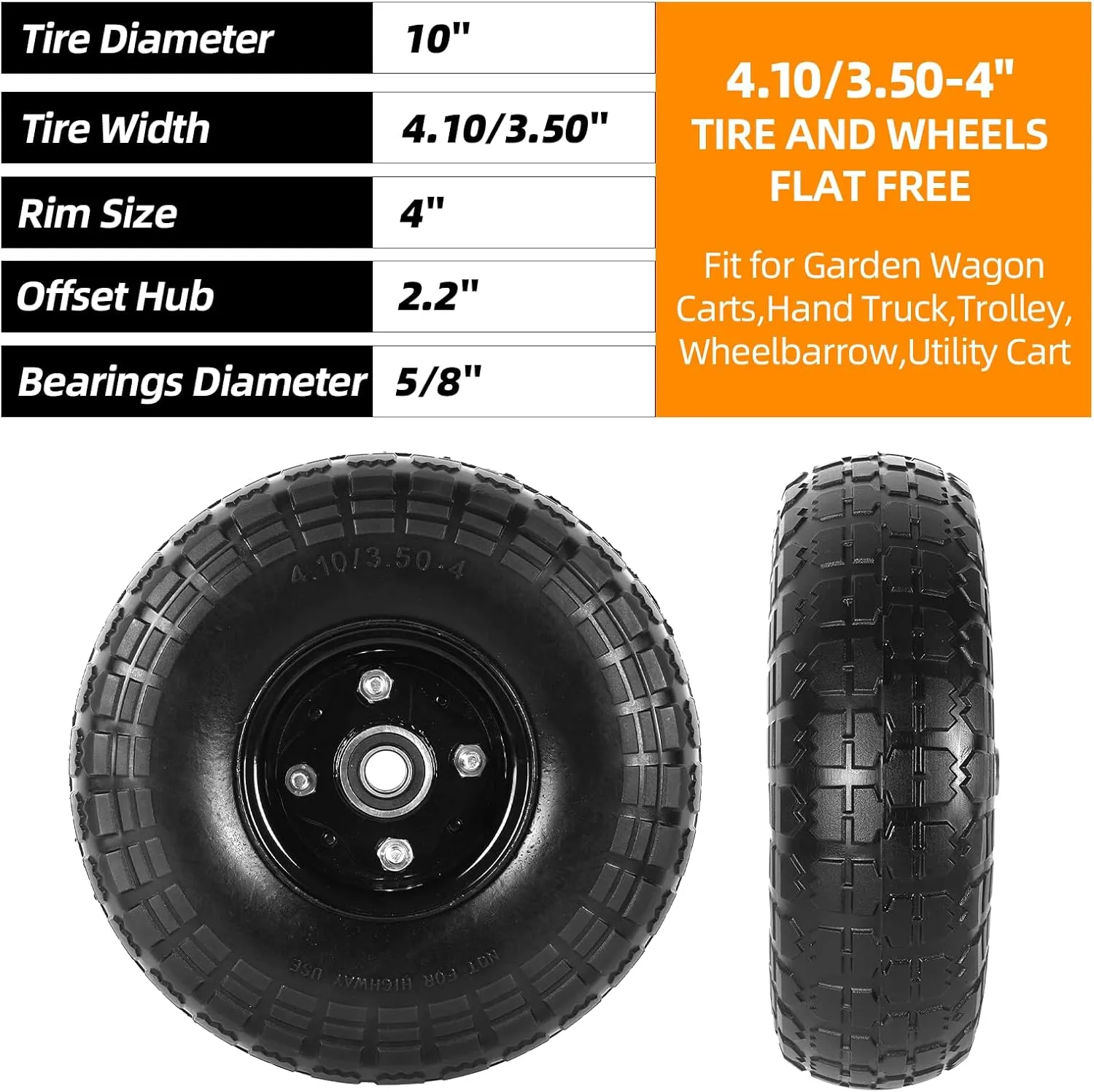 AR-PRO (2-Pack) 10-Inch Solid Tire 4.10/3.50-4" Tire and Wheels Flat Free with 5/8" Bearings, 2.2" Offset Hub - Perfect for Hand Truck, Wheelbarrow, Trolley, Garden Wagon Carts, Utility Cart