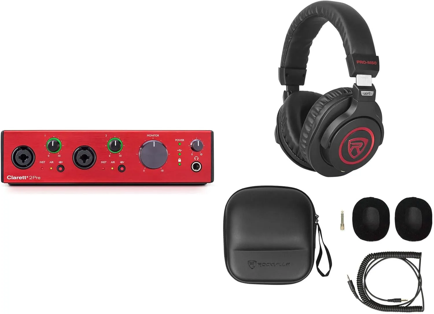 Audiosavings Bundle: Focusrite Clarett  2Pre USB-C Audio Recording Interface, 2 Mic Preamps/JFET/ADAT Bundle with Rockville PRO-M50 SR Studio Headphones Detachable Coil Cable Case Ear Pad (2 Items)