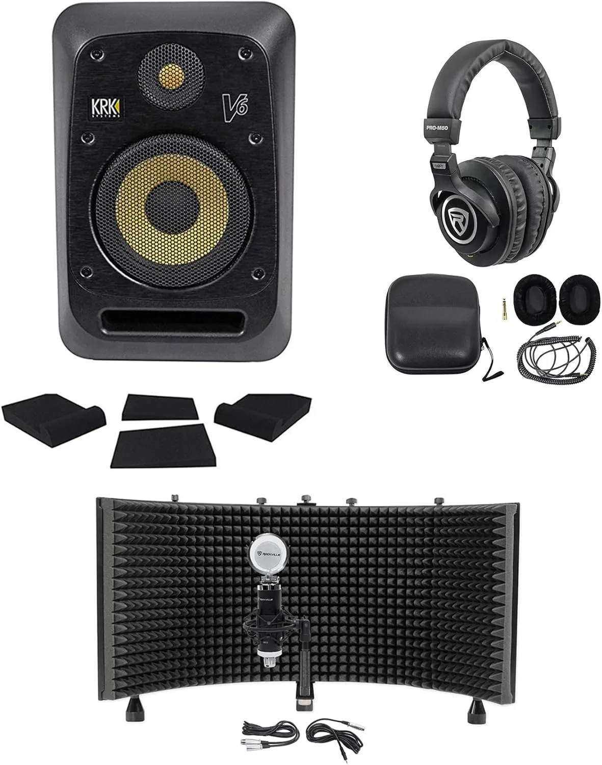 Audiosavings Bundle: RV PRO-M50 Headphone Bundle with RV RCM03 Recording Mic & RV ROCKSHIELD Mic Isolation & Pair RV RRS190S Monitor Isolation Pad & KRK V6S4-NA V-Series Active Speaker (Items 6)