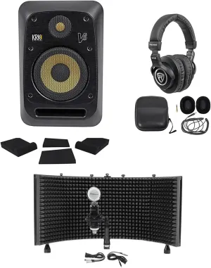 Audiosavings Bundle: RV PRO-M50 Headphone Bundle with RV RCM03 Recording Mic & RV ROCKSHIELD Mic Isolation & Pair RV RRS190S Monitor Isolation Pad & KRK V6S4-NA V-Series Active Speaker (Items 6)