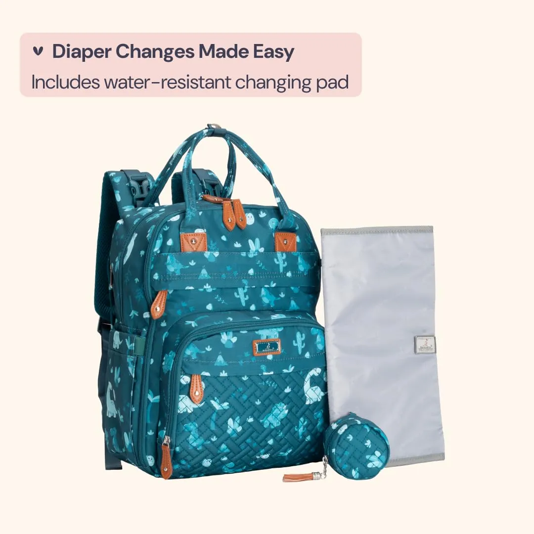 BabbleRoo Diaper Bag Backpack - Baby Essentials, Travel Essentials Baby Bag with Changing Pad, Stroller Straps & Pacifier Case - Unisex, Dino